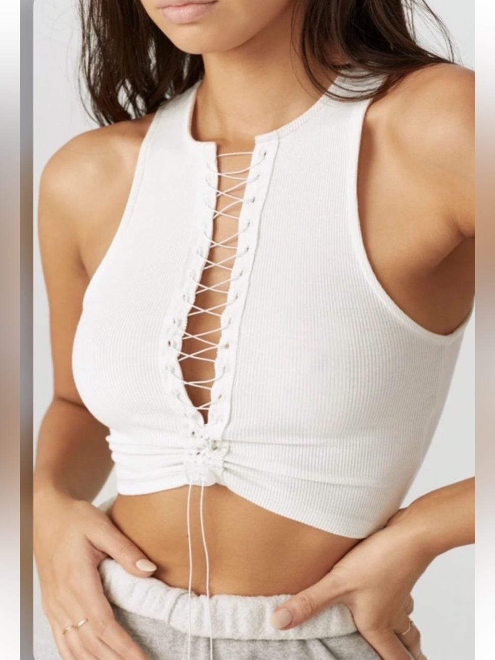 Joah Brown White Lace-Up Ribbed Crop Top